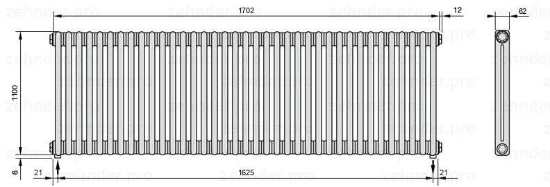 Схема (чертеж) Радиатор Zehnder Charleston 2110/37 №3570 Белый глянцевый RAL 9016
